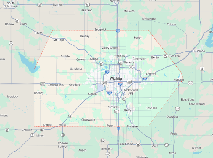 Map of Wichita, Kansas, with surrounding towns and highways highlighted in white Map of Wichita, Kansas, with surrounding towns and highways highlighted in white