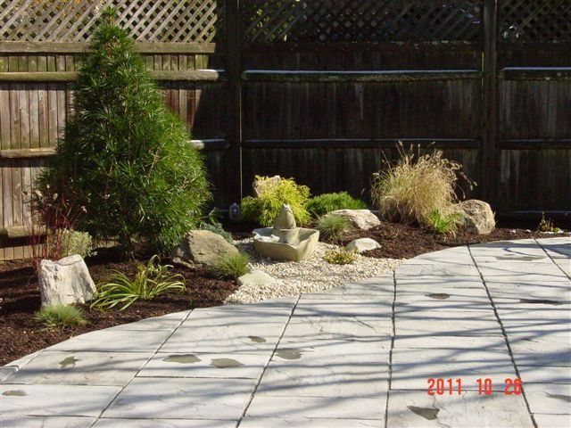 Backyard patio with paver stones, potted plants, and a wooden fence