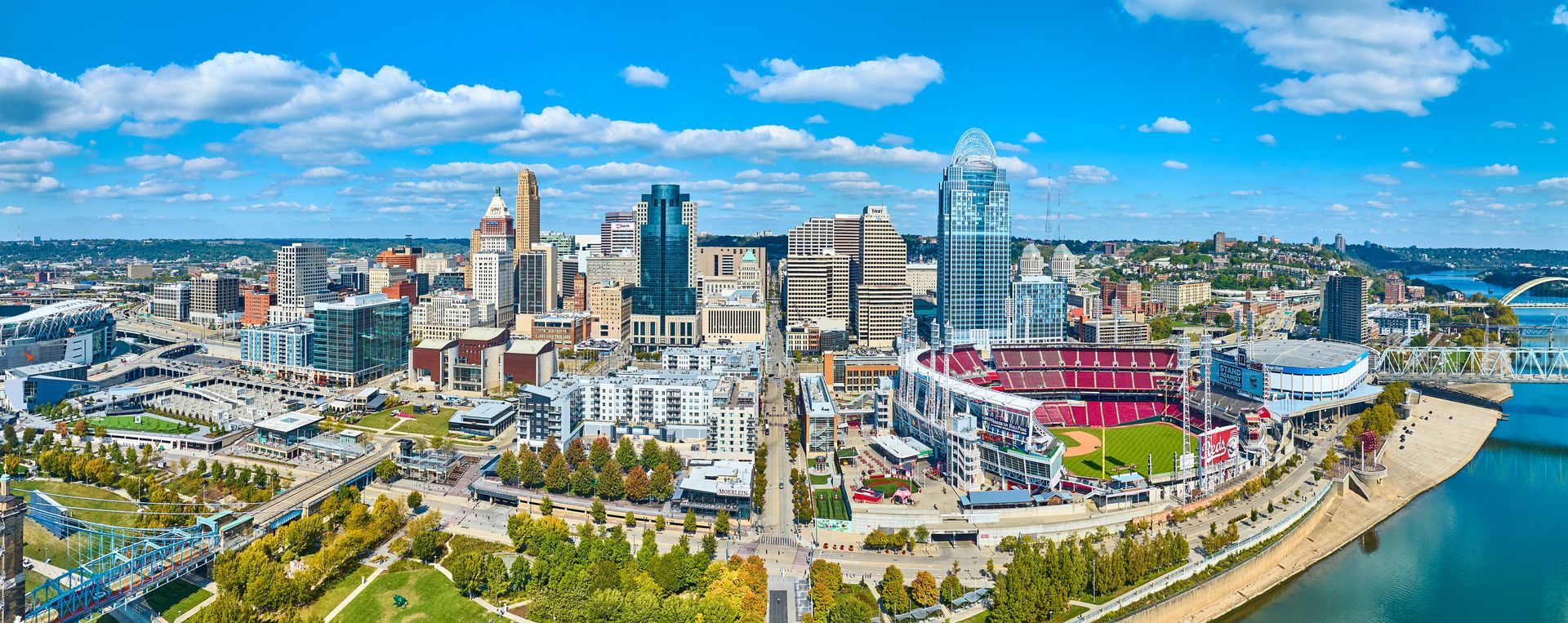 An aerial panoramic view of downtown Cincinnati, Ohio (OH)