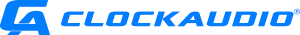 Het Clockaudio-logo in blauwe letters met een gestileerd klokpictogram op een witte achtergrond.