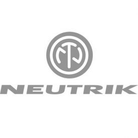 Het Neutrik-logo in grijs, met een rond embleem boven het woord 