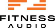 Fitness Audio-logo met oranje balken boven dikke zwarte tekst op een witte achtergrond.