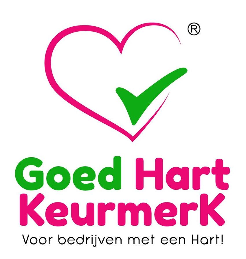 Goed Hart Keurmerk logo met roze hart, groene checkmark en tekst “Voor bedrijven met een Hart!”