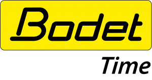 Het Bodet Time-logo in zwarte tekst op een gele achtergrond.
