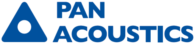 PAN Acoustics-logo met blauw driehoeksicoon en blauwe tekst op een witte achtergrond