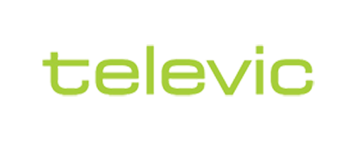 Het logo van Televic in lichtgroene kleine letters op een witte achtergrond.