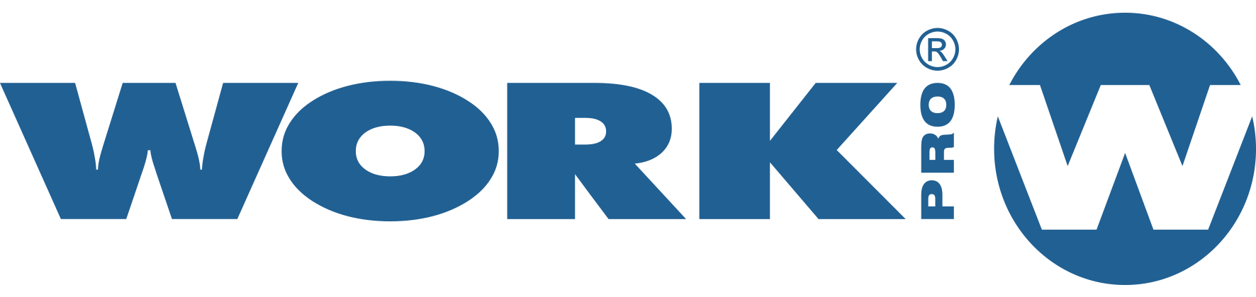 Het WorkPro-logo in blauw met een rond blauw 