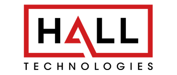 Het logo van HALL Technologies met zwarte tekst en een rode, gestileerde 'A' in een rode rechthoekige rand.