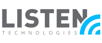 Het logo van Listen Technologies met grijze tekst en een blauw pictogram voor een draadloos signaal.