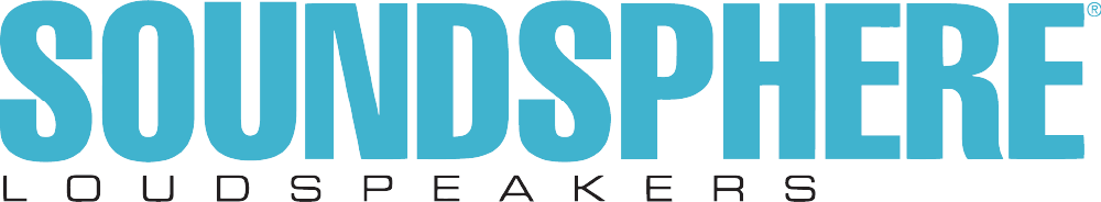 Het logo van SoundSphere Loudspeakers in turquoise en grijze tekst op een witte achtergrond.