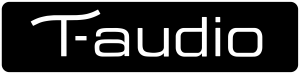 T-audio logo in witte letters op een zwarte achtergrond
