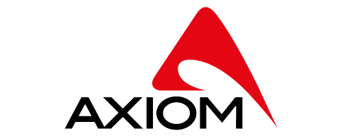 Het Axiom-logo in zwart met een rood, gestileerd driehoekig teken boven de tekst.