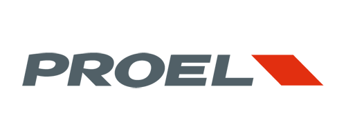 PROEL-logo in grijs en oranje op een witte achtergrond