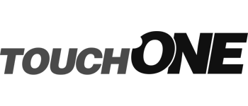 Het TOUCHONE-logo in zwart en grijs cursief lettertype met een gestileerde 