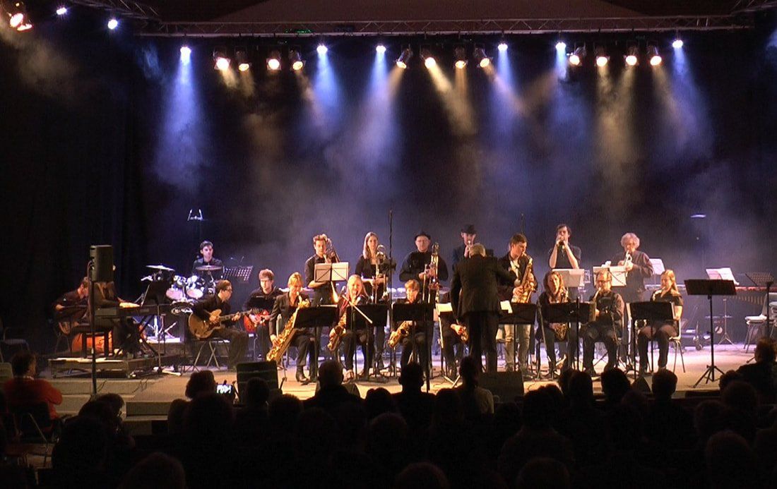 bigband de Waldsang onder felle schijnwerpers, met silhouetten van het publiek op de voorgrond.