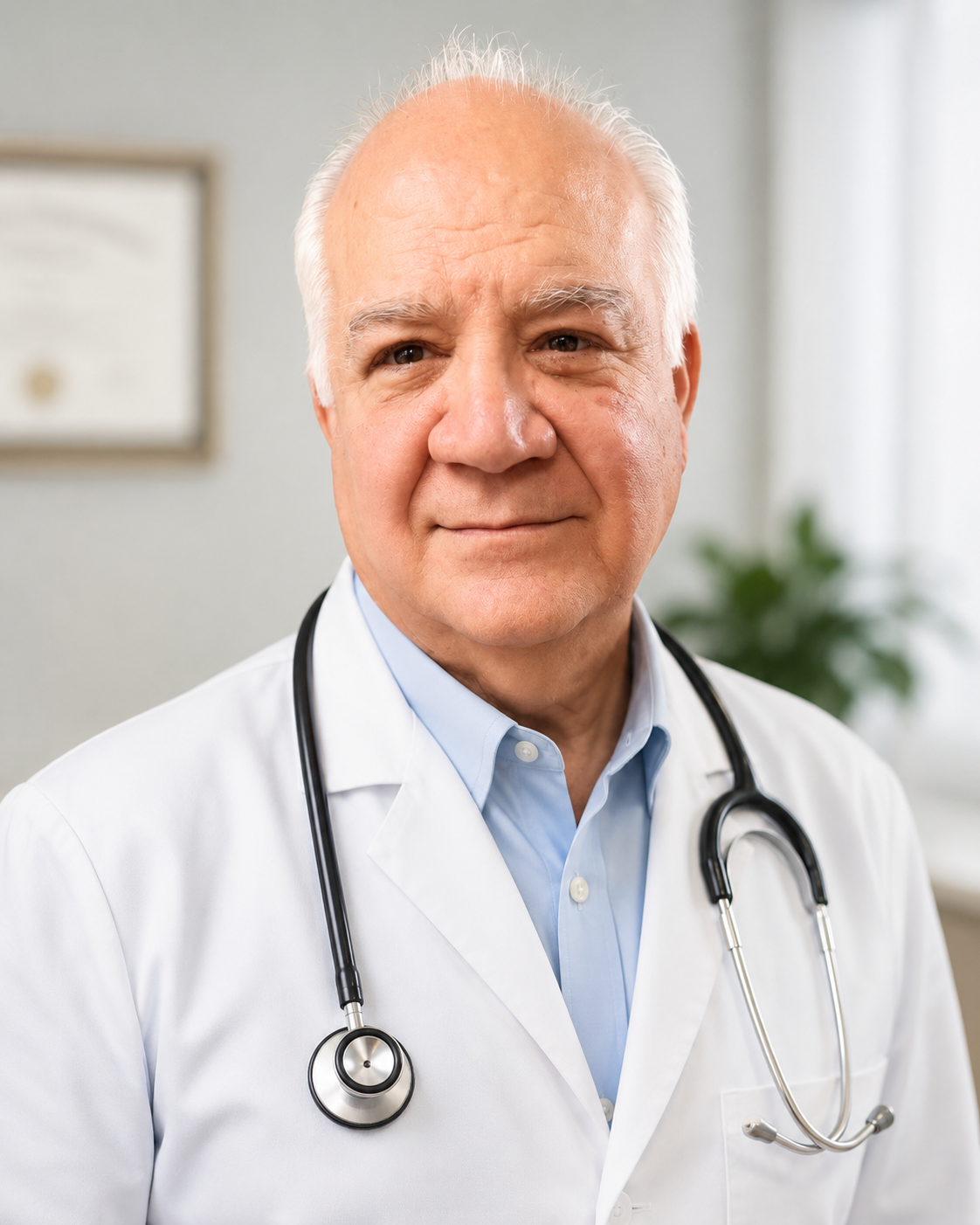 Doctor in a white coat with a stethoscope, standing in a bright clinic and smiling at the camera.