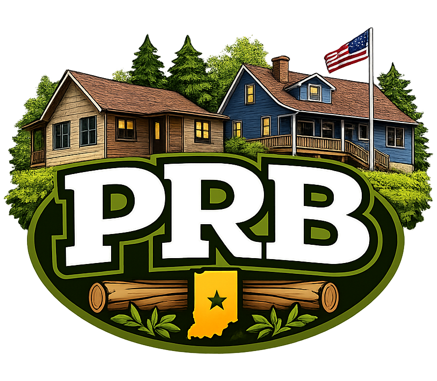 PRB logo with rustic houses, pine trees, an American flag, and Indiana state outline with star