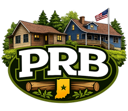 PRB logo with rustic houses, pine trees, an American flag, and Indiana state outline with star