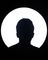 Black silhouette of a person against a white circular background on a black field