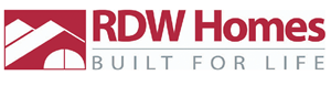 Logo of RDW Homes: a red box with a mountain and house design, and text 