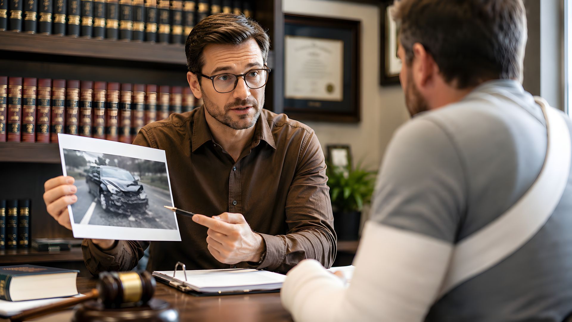 Auto accident lawyer showing a crash photo to an injured client wearing an arm sling in his office. Auto accident lawyer showing a crash photo to an injured client wearing an arm sling in his office.