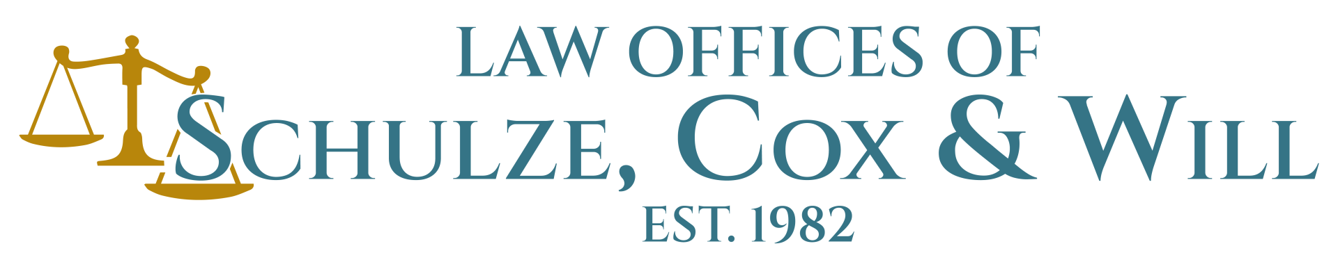 Logo for Law Offices of Schulze, Cox & Will, with scales icon and