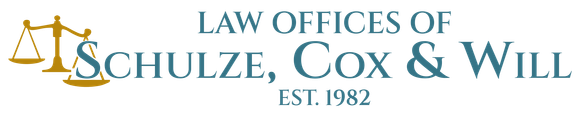 Logo for Law Offices of Schulze, Cox & Will, with scales icon and