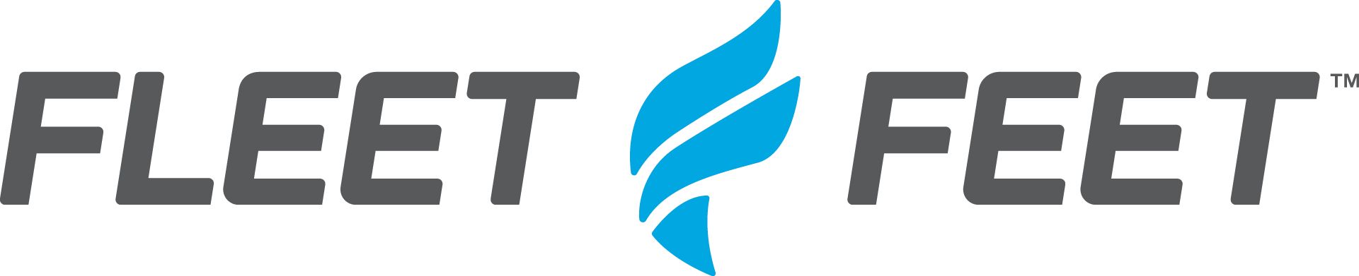 A fleet feet logo with a blue flame on a white background.