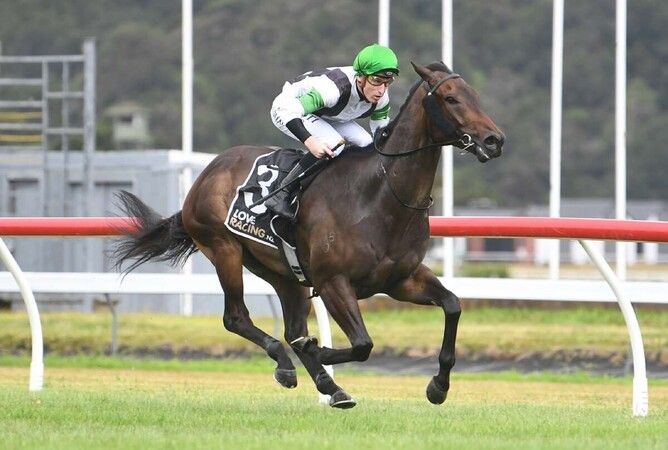 Horse racing, jockey in green and white, brown horse running on a track.