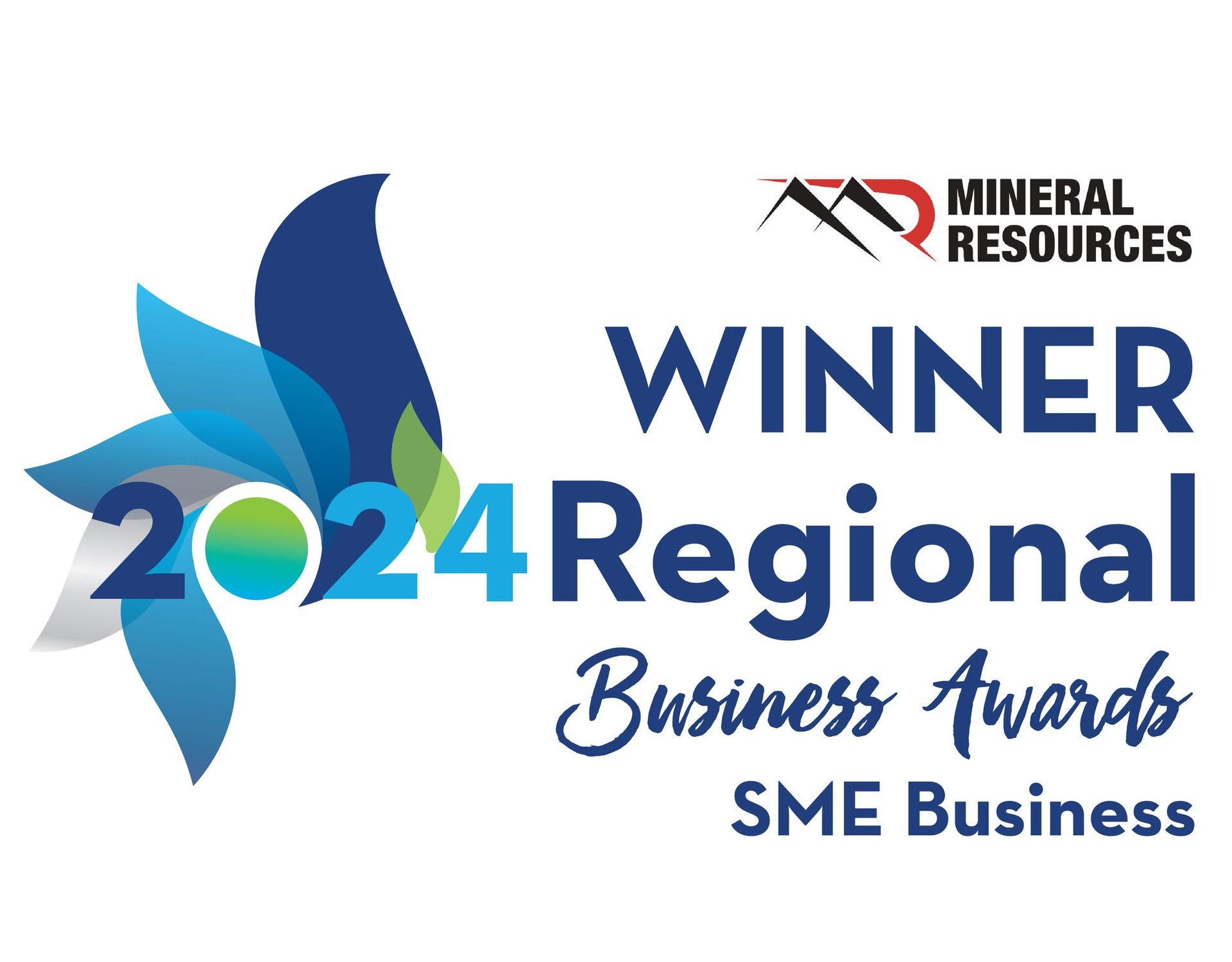 2024 Regional Business Awards winner badge for Mineral Resources SME Business, in blue and black