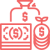 Red line icons of a money bag, cash, and coins with a downward arrow indicating financial loss.