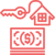 Red line icon of a house with a price tag and a hand holding cash dollars.