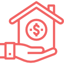 Red line icon of a house and hand with a dollar sign, symbolizing home financing or property savings
