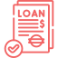 Red loan document icon with dollar sign and checkmark in a circle