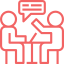 Two people talking with speech bubbles in a red outline icon