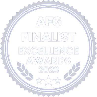 AFG Finalist Excellence Awards 2023 silver seal with laurel leaves and stars