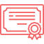 Red certificate with a seal icon and three text lines on a white background