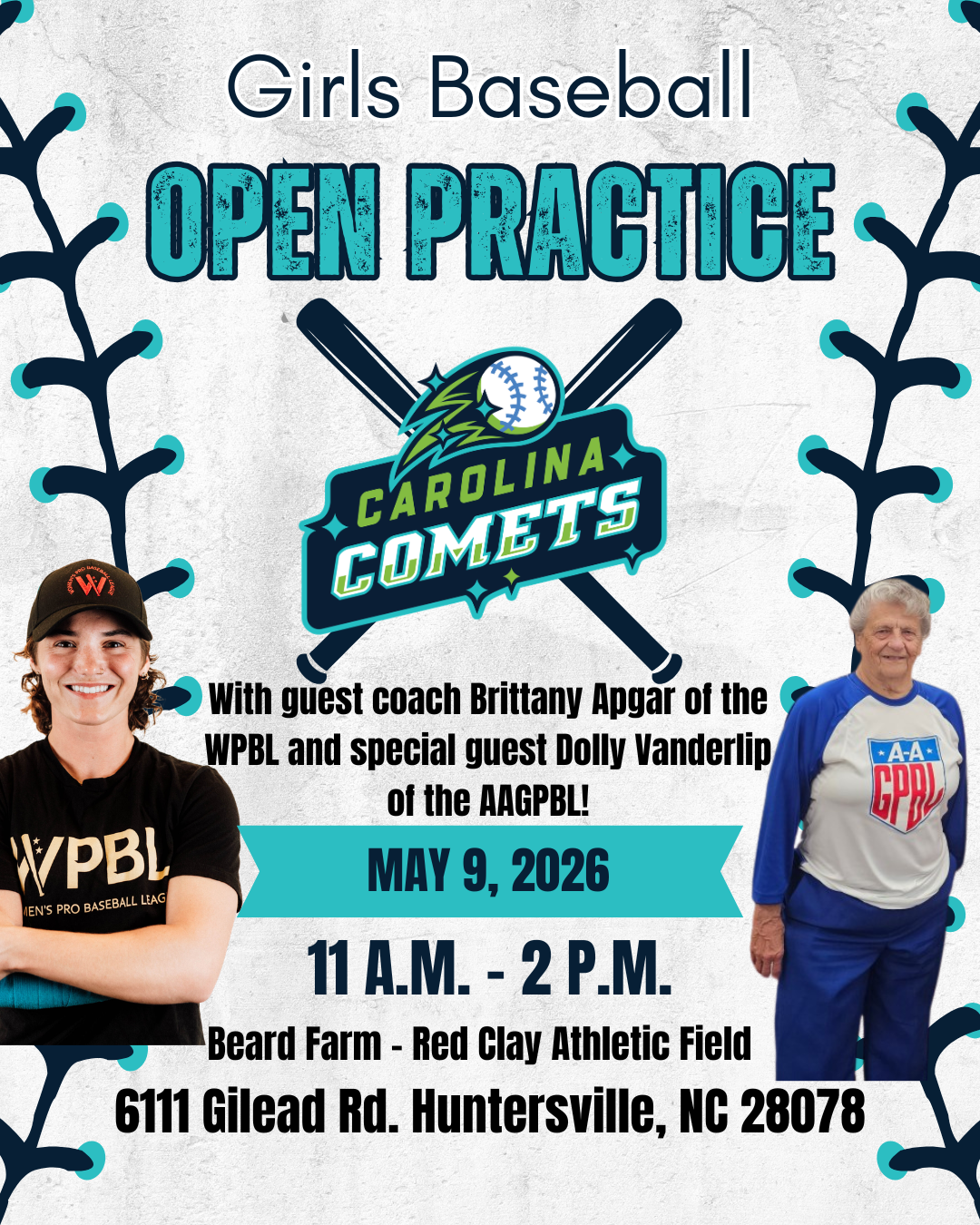 Girls baseball open practice flyer for Carolina Comets, May 9, 2026, 11 a.m.–2 p.m., Huntersville, NC
