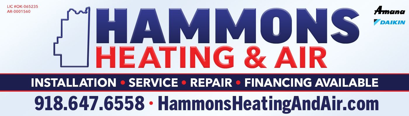 Hammons Heating & Air logo and banner with installation, service, repair, financing available, phone number and website