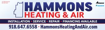 Hammons Heating & Air logo and banner with installation, service, repair, financing available, phone number and website