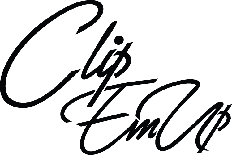 Stylized black script text reading “Clip Em Up” on a white background