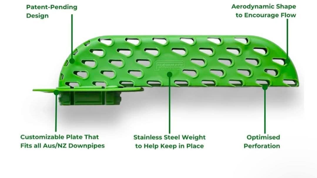 Green, perforated downspout guard with labeled features: patent-pending design, aerodynamic shape, and stainless steel weight. — Rapid Rinse Solutions in Cobram, VIC