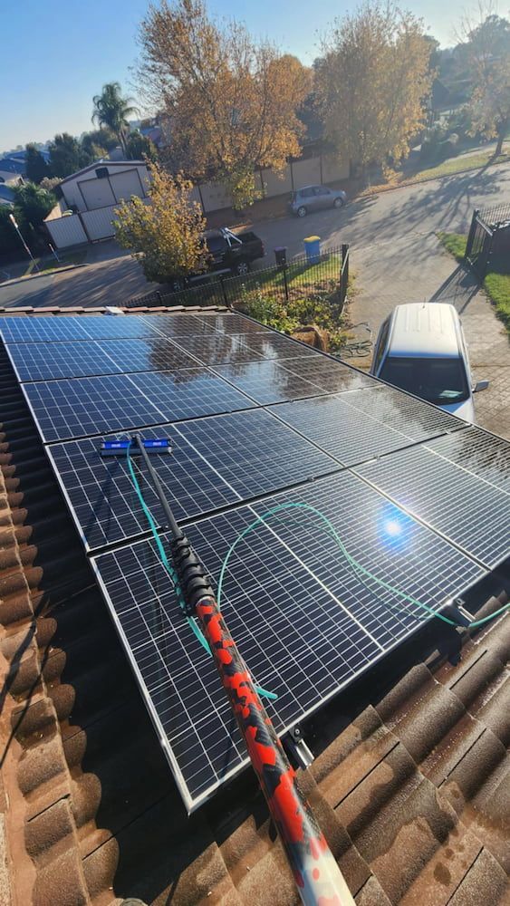 Person Cleaning Solar Panels on a Roof With a Long-handled Brush on a Sunny Day — Rapid Rinse Solutions in Shepparton, VIC
