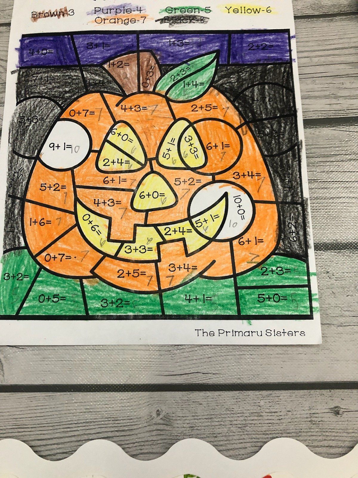A child is drawing a pumpkin with math problems on it.