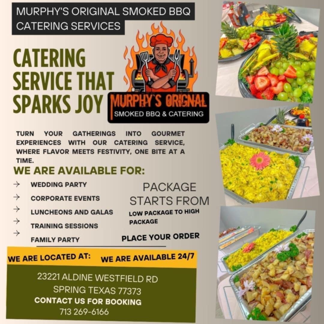 An advertisement for murphy 's original smoked bbq catering services
