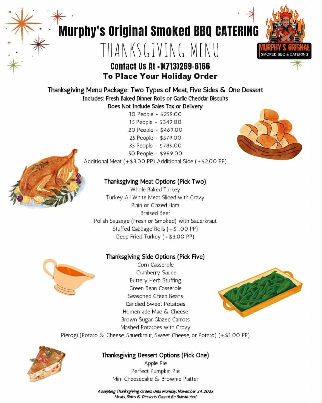 Thanksgiving menu from Murphy's BBQ: roasted turkey, sides, and desserts.