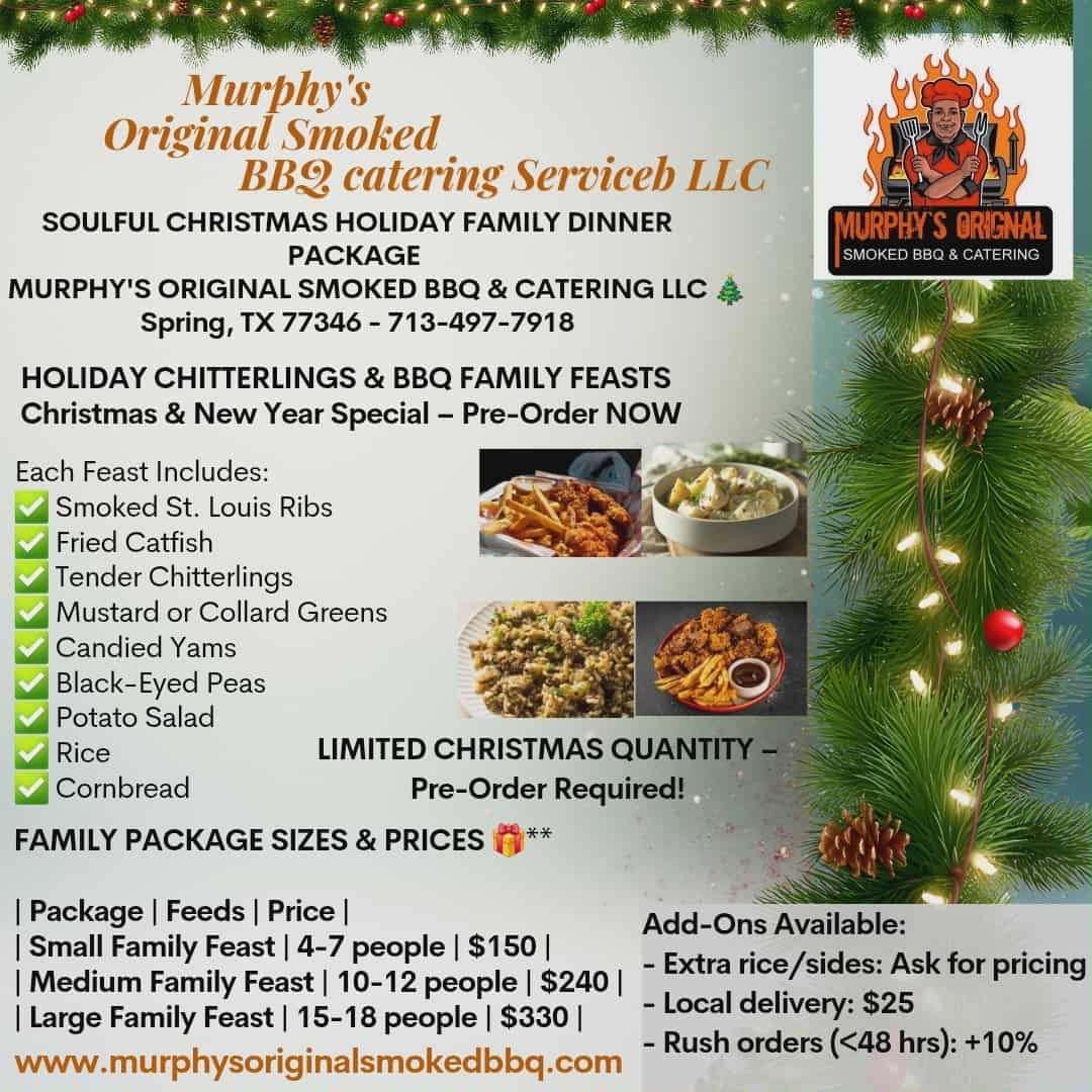 Flyer for Murphy's BBQ Christmas dinner packages. Includes menu, sizes, prices, and contact information.