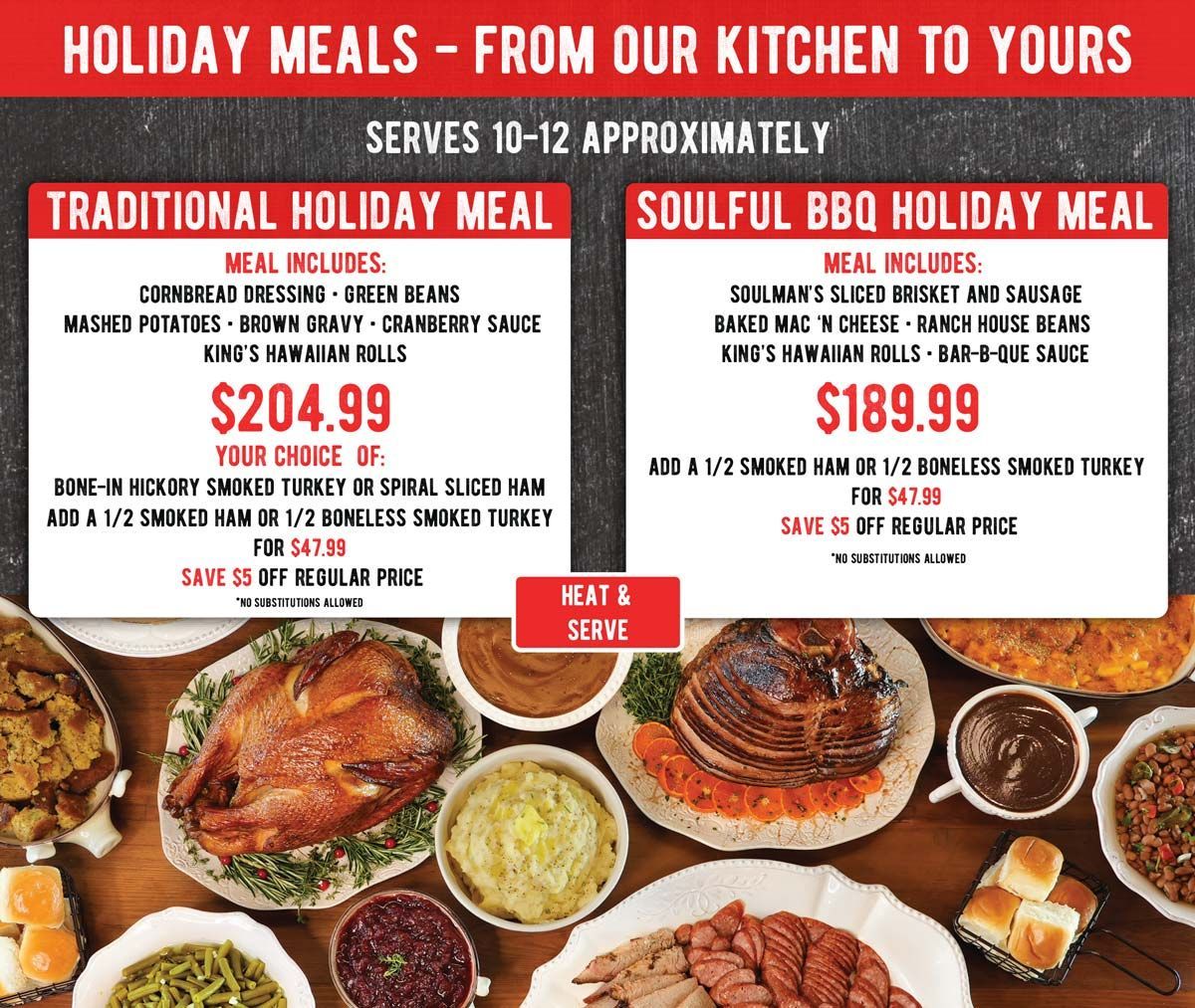 Holiday meal advertisement. Traditional & Soulful BBQ meal options, serving 10-12 people. Food displayed on a table.