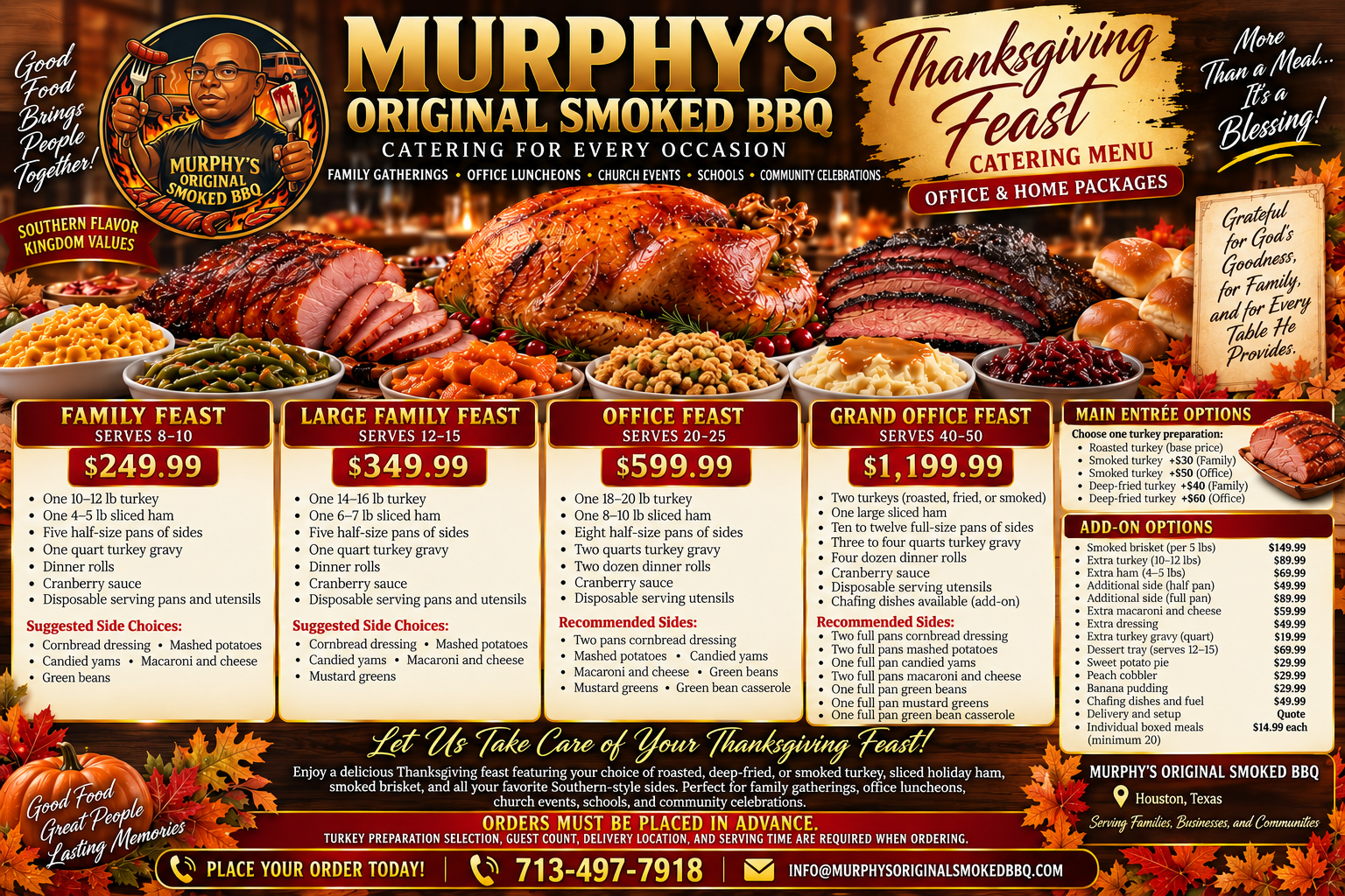 Thanksgiving menu from Murphy's BBQ: roasted turkey, sides, and desserts.