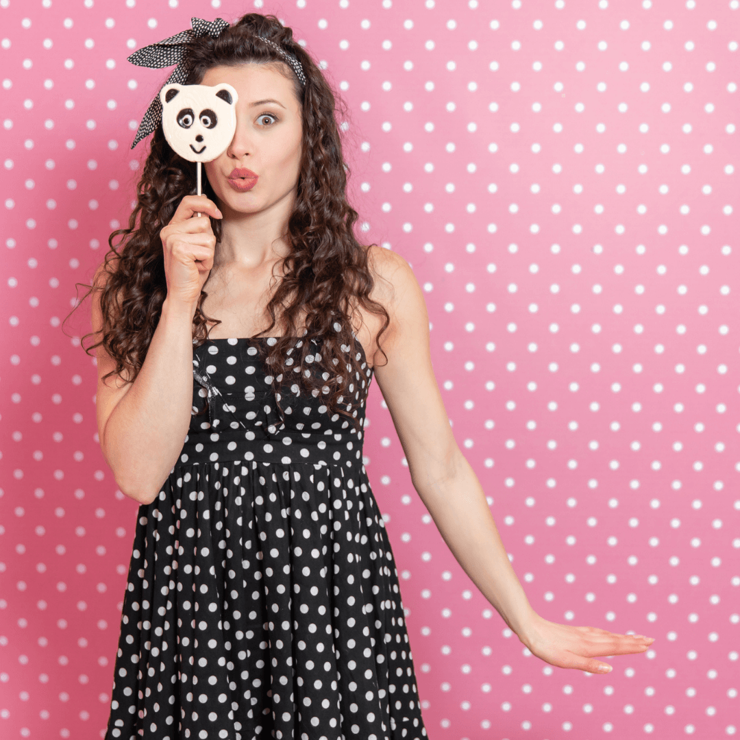Choco Chalet Lady Poka Dot Lady Pink Background